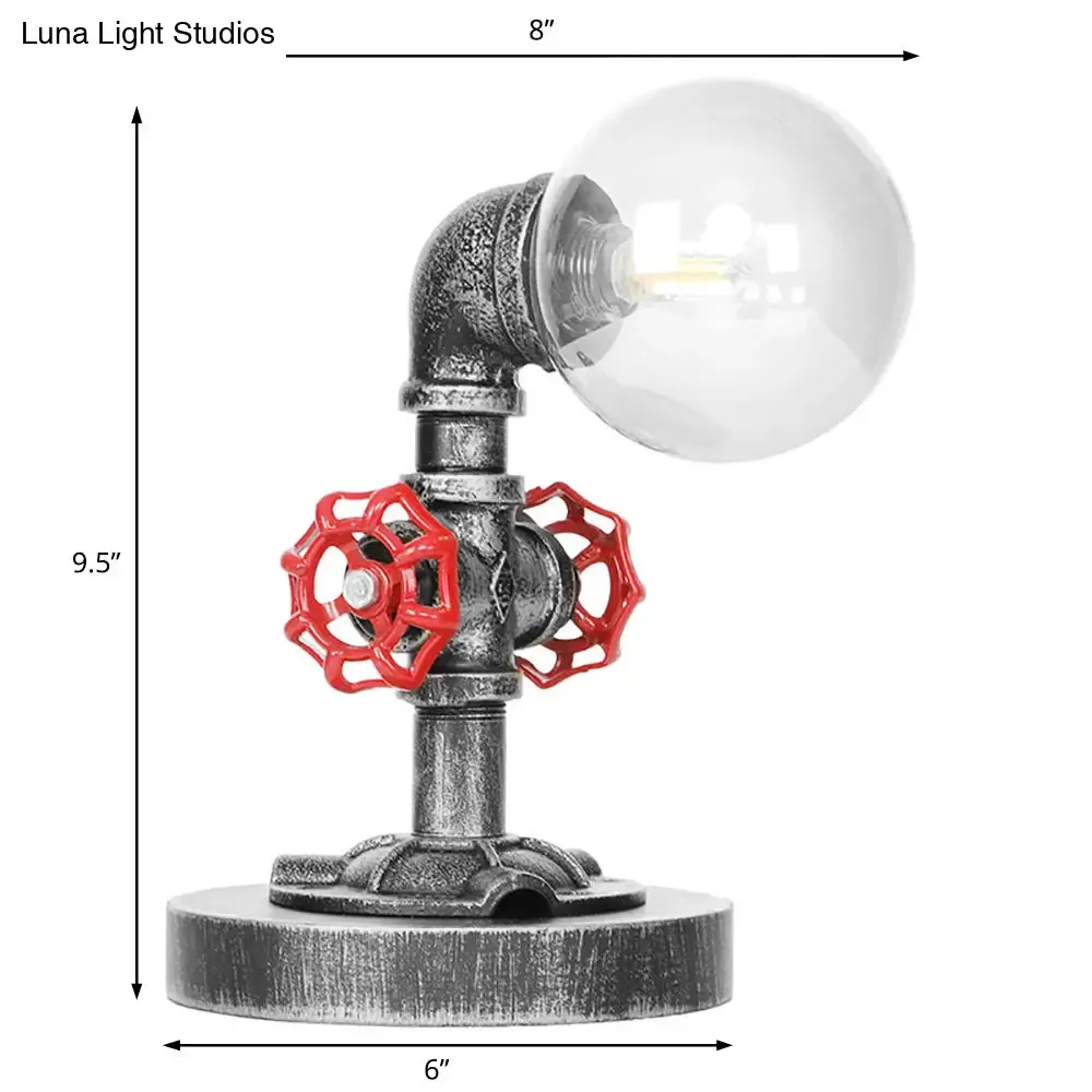 Industrial Antique Silver Bedroom Reading Lamp with Single Light Globe Shade and Clear/Amber Glass - Task Lighting