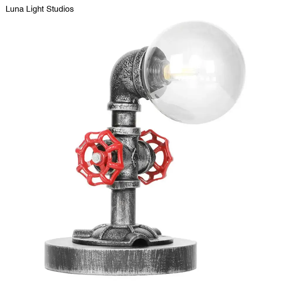 Industrial Antique Silver Bedroom Reading Lamp with Single Light Globe Shade and Clear/Amber Glass - Task Lighting