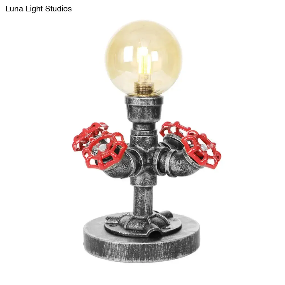 Industrial Antique Silver Bedroom Reading Lamp with Single Light Globe Shade and Clear/Amber Glass - Task Lighting