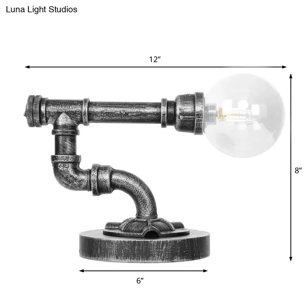 Industrial Antique Silver Bedroom Reading Lamp with Single Light Globe Shade and Clear/Amber Glass - Task Lighting