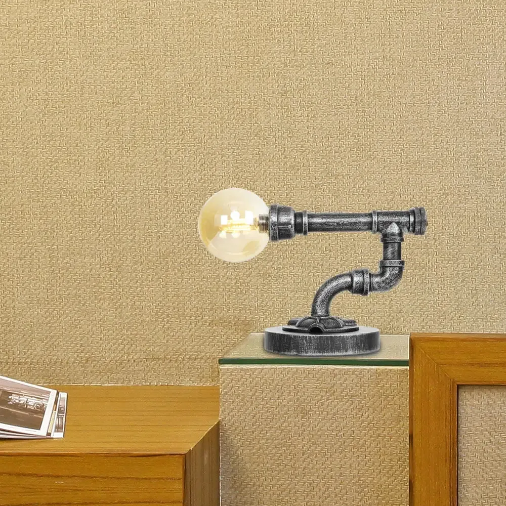 Industrial Antique Silver Bedroom Reading Lamp with Single Light Globe Shade and Clear/Amber Glass - Task Lighting