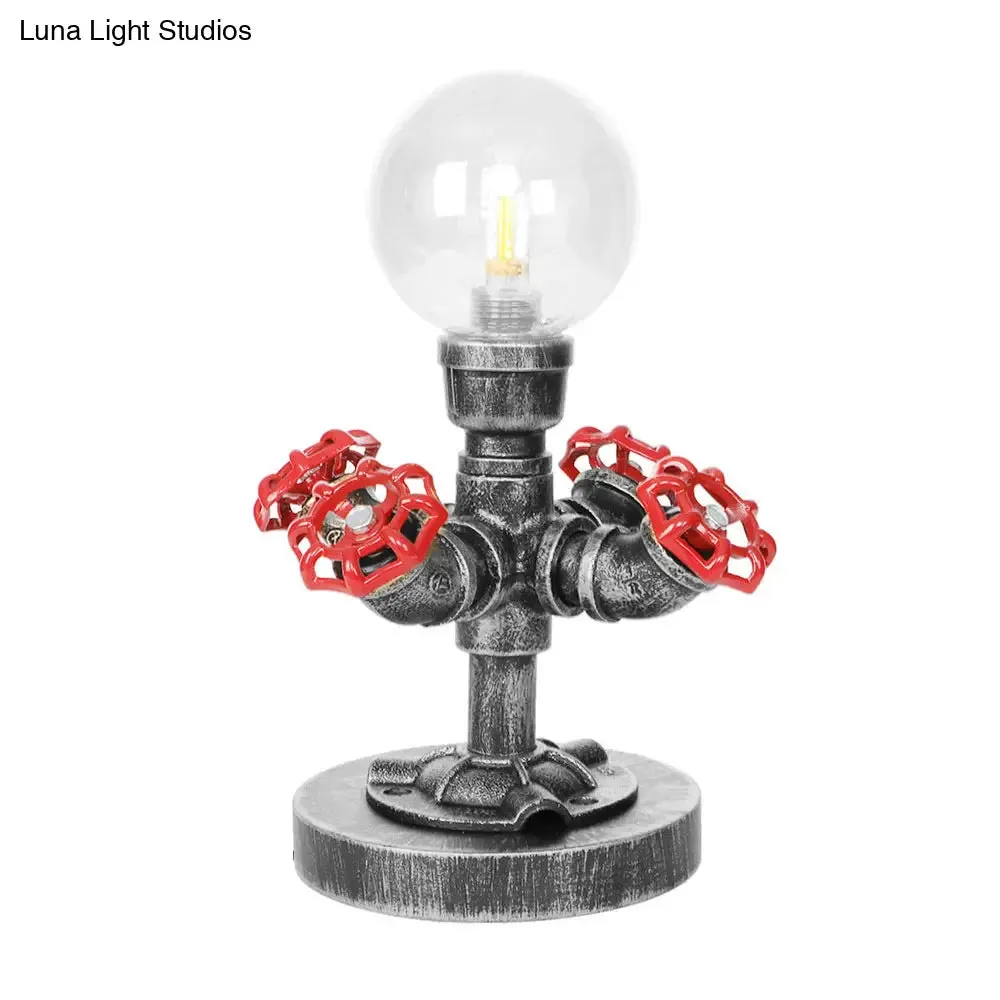 Industrial Antique Silver Bedroom Reading Lamp with Single Light Globe Shade and Clear/Amber Glass - Task Lighting