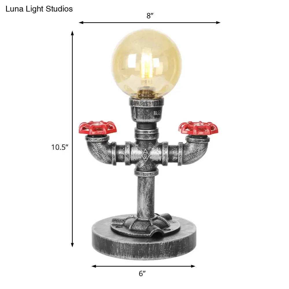 Industrial Antique Silver Bedroom Reading Lamp with Single Light Globe Shade and Clear/Amber Glass - Task Lighting
