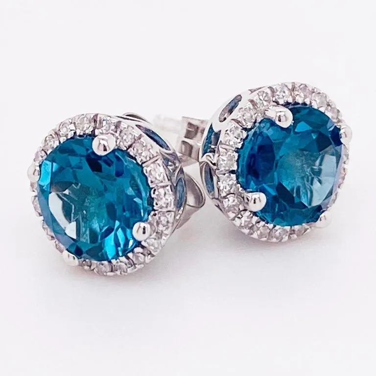 London Blue Topaz Diamond Halo Stud Earrings