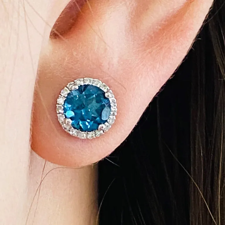 London Blue Topaz Diamond Halo Stud Earrings
