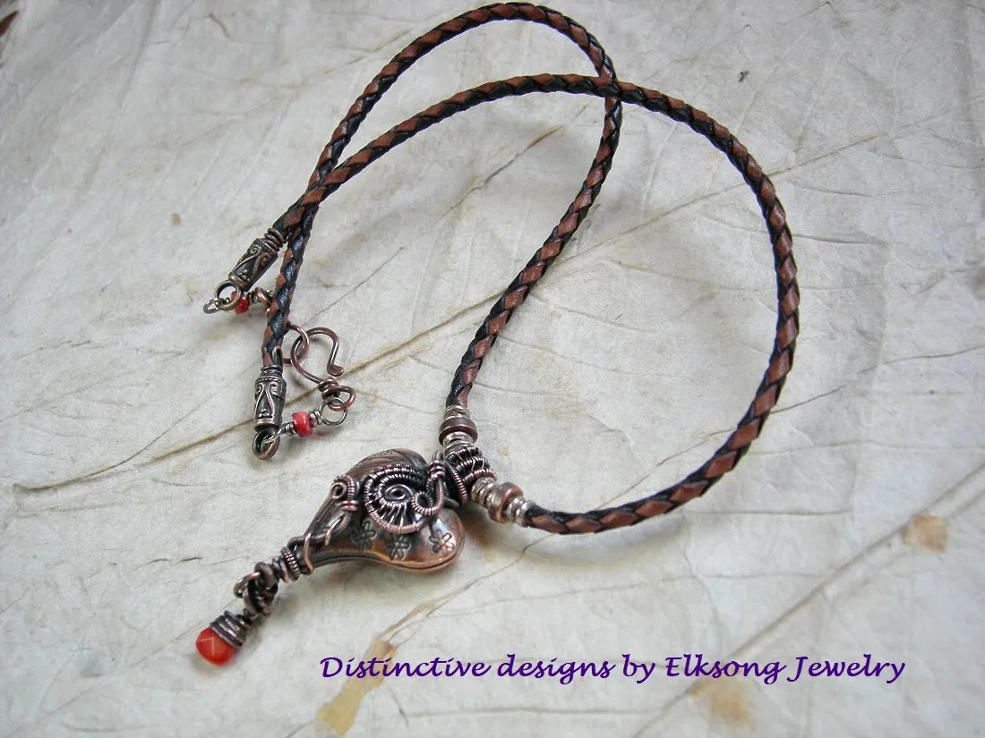 Love Knot Necklace, Thai Style Copper Heart, Coral & Wire Wrap