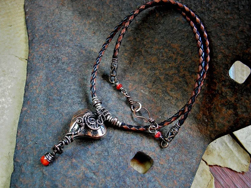 Love Knot Necklace, Thai Style Copper Heart, Coral & Wire Wrap