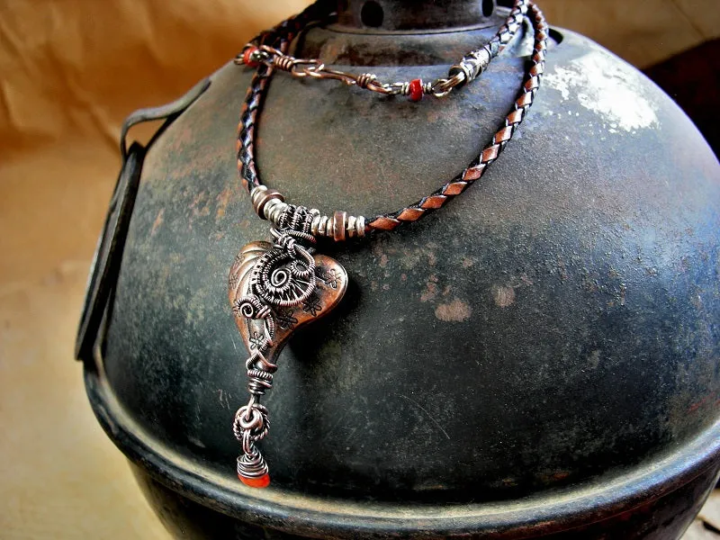 Love Knot Necklace, Thai Style Copper Heart, Coral & Wire Wrap