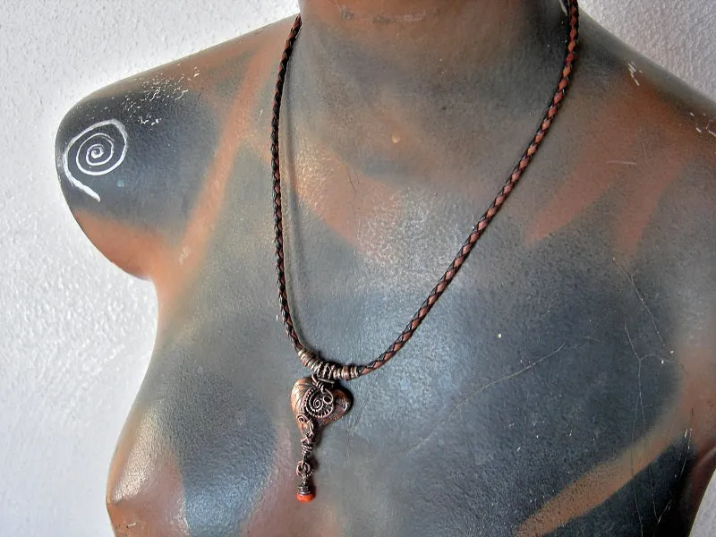 Love Knot Necklace, Thai Style Copper Heart, Coral & Wire Wrap
