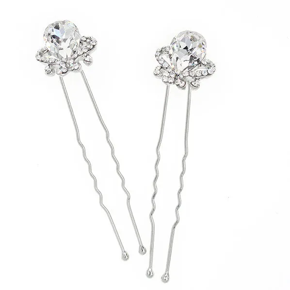 LUX Zircon and Czech Rhinestone Bridal 2-Prong Hairpins Crown [Pair]