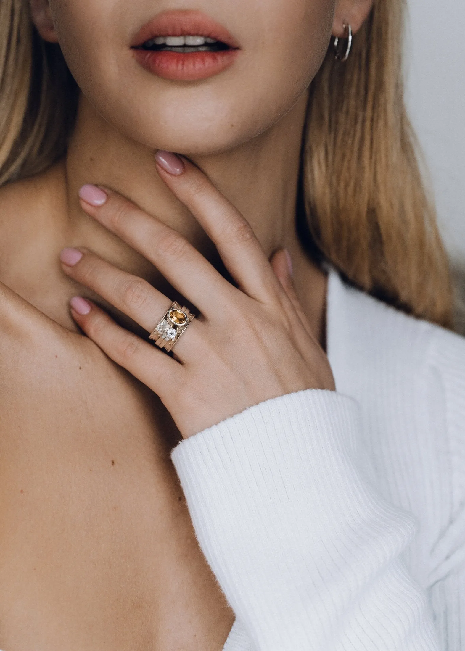 Mechanism Ring with Oval Facet Citrine and White Topaz