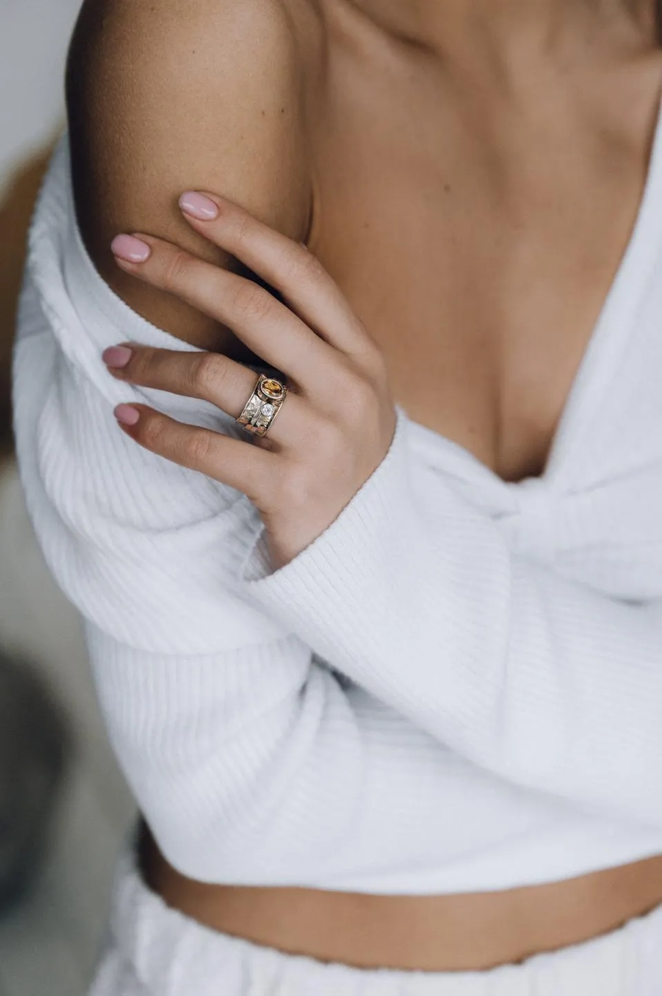 Mechanism Ring with Oval Facet Citrine and White Topaz