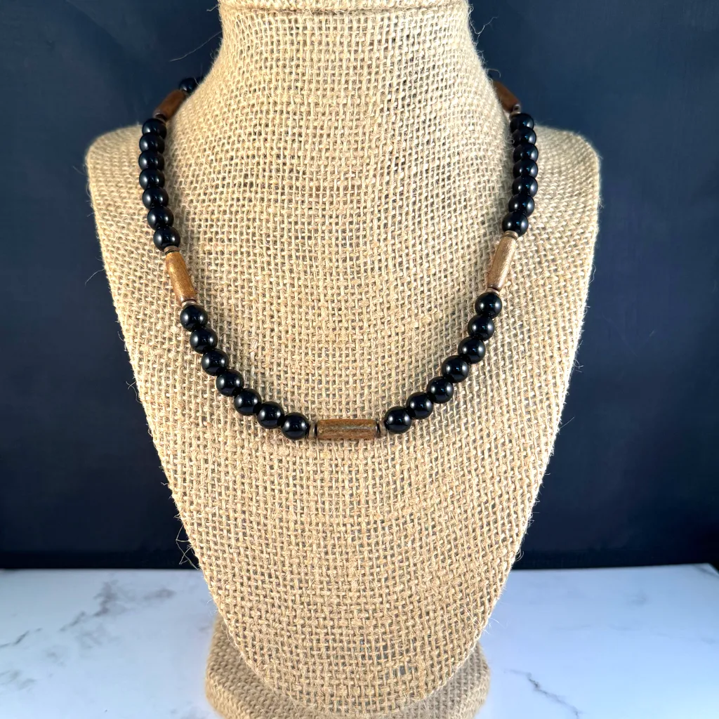 Mens Black Onyx and Gold Coral Beaded Necklace