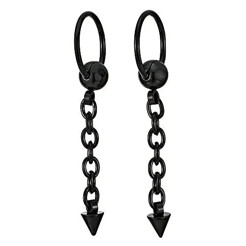 Mens Womens Stainless Steel Spike Chain Huggie Hinged Hoop Earrings Drop Dangle, 2 pcs