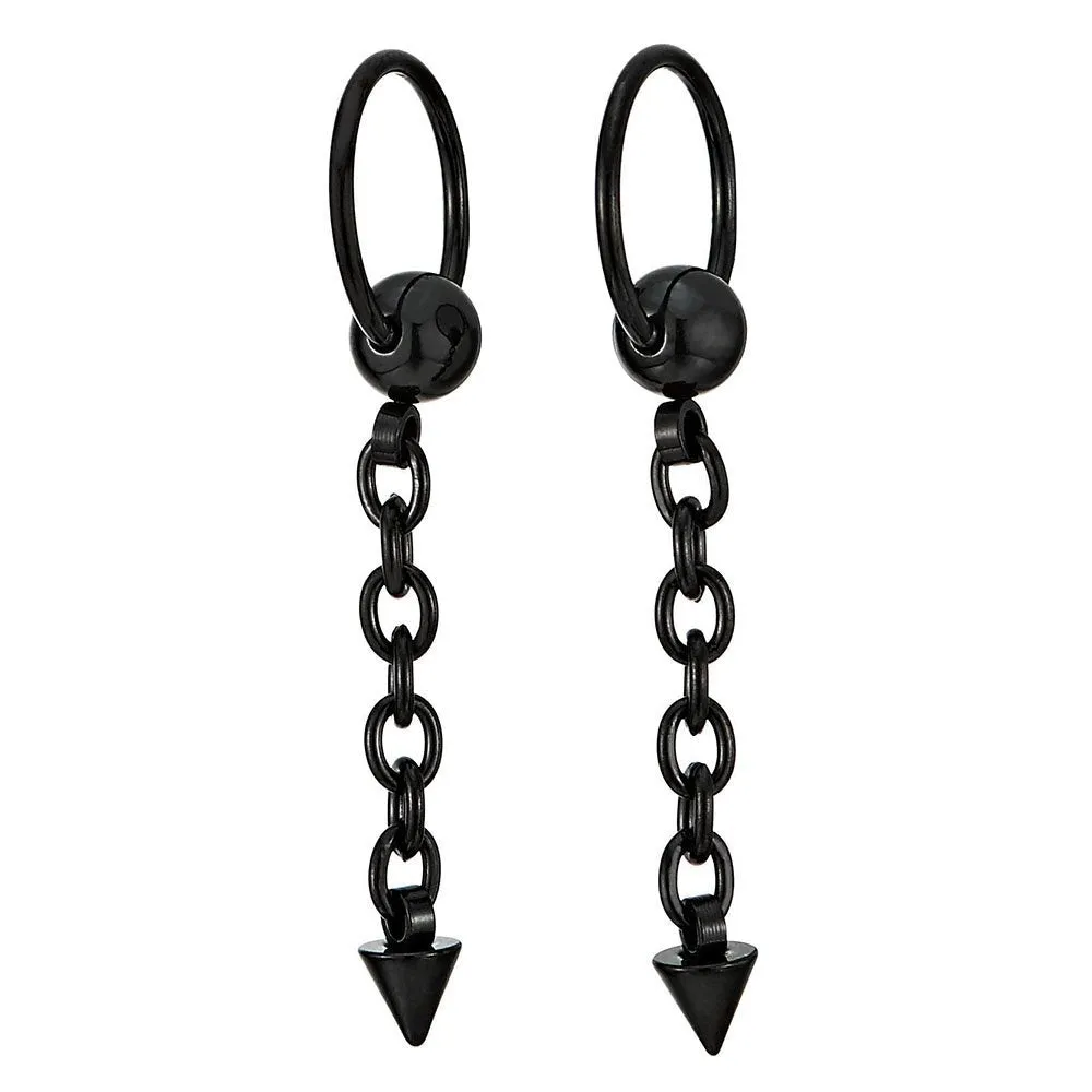 Mens Womens Stainless Steel Spike Chain Huggie Hinged Hoop Earrings Drop Dangle, 2 pcs