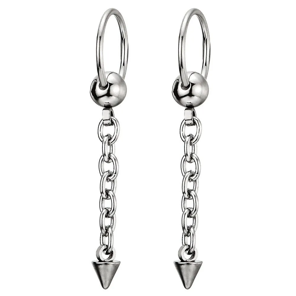 Mens Womens Stainless Steel Spike Chain Huggie Hinged Hoop Earrings Drop Dangle, 2 pcs