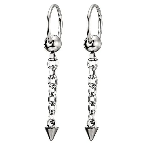 Mens Womens Stainless Steel Spike Chain Huggie Hinged Hoop Earrings Drop Dangle, 2 pcs