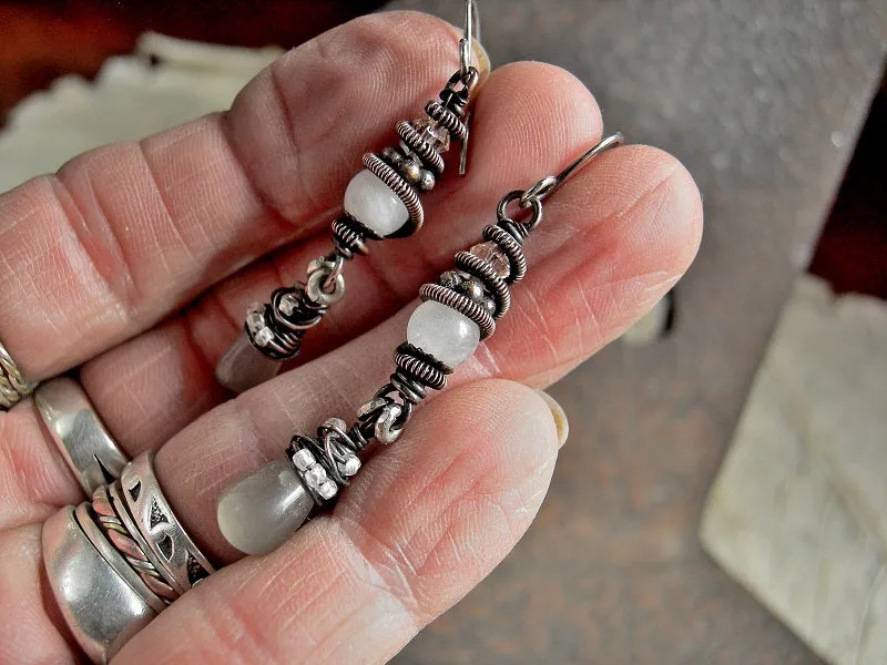 Moonstone & Copper Wire Wrap Earrings, Neutral Colors, Go To Favorites