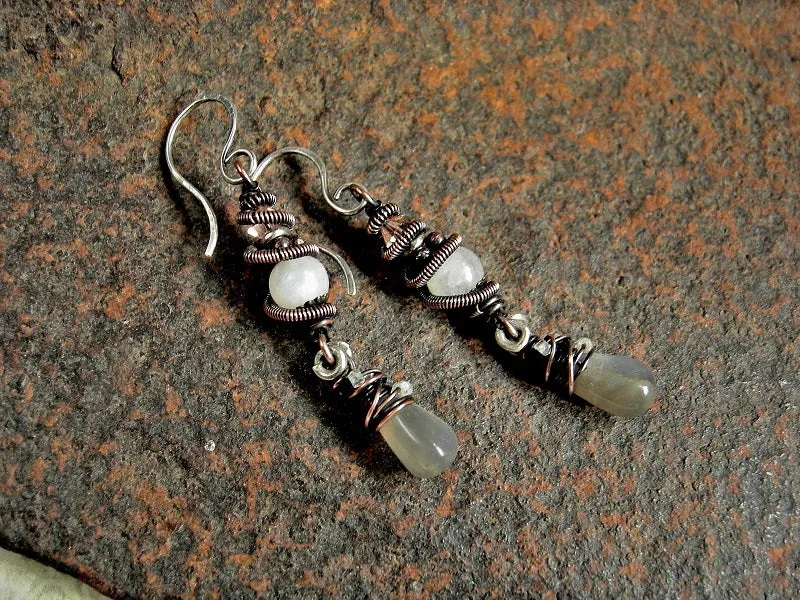 Moonstone & Copper Wire Wrap Earrings, Neutral Colors, Go To Favorites