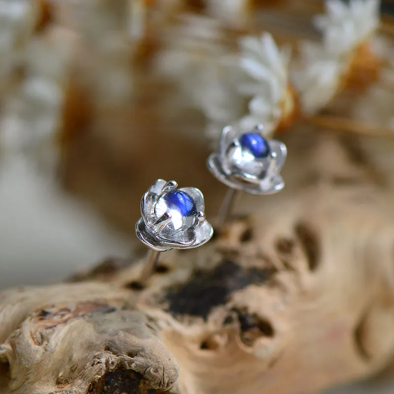 Moonstone Lotus Stud Earrings in White Gold Plated Sterling Silver Jewelry for Women