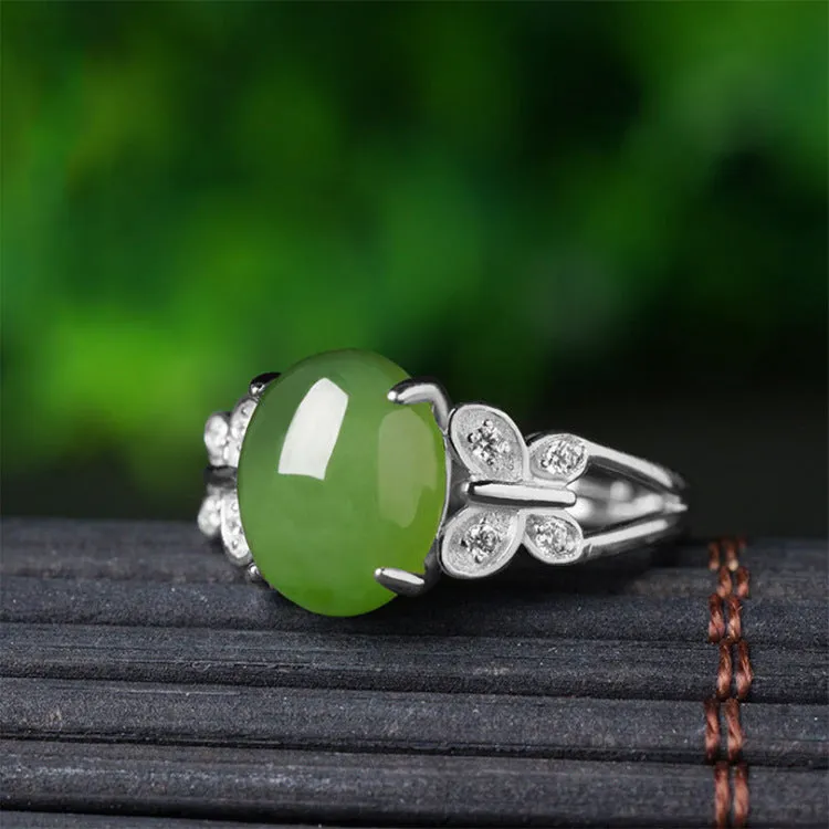 Natural Jade Ring Nephrite Silver Zircon Adjustable Ring ZNRG149