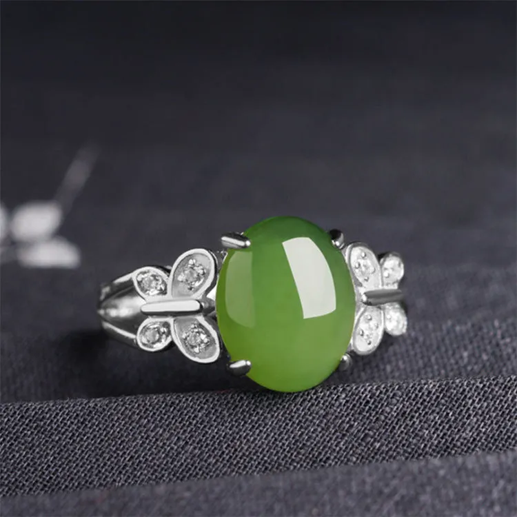 Natural Jade Ring Nephrite Silver Zircon Adjustable Ring ZNRG149
