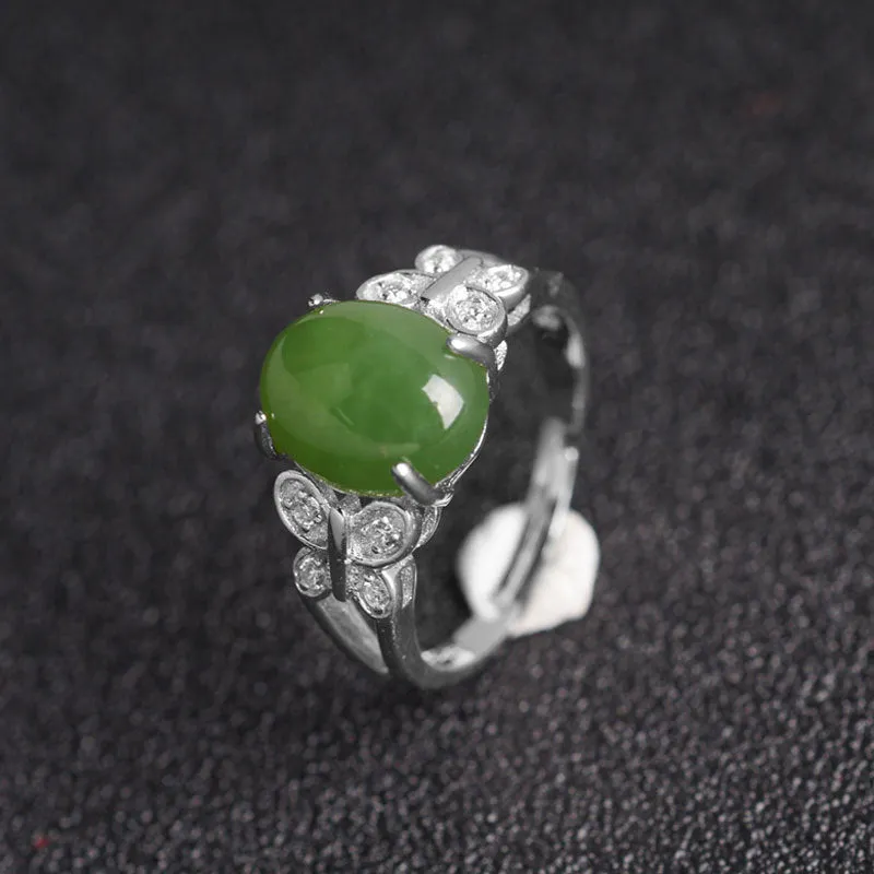 Natural Jade Ring Nephrite Silver Zircon Adjustable Ring ZNRG149