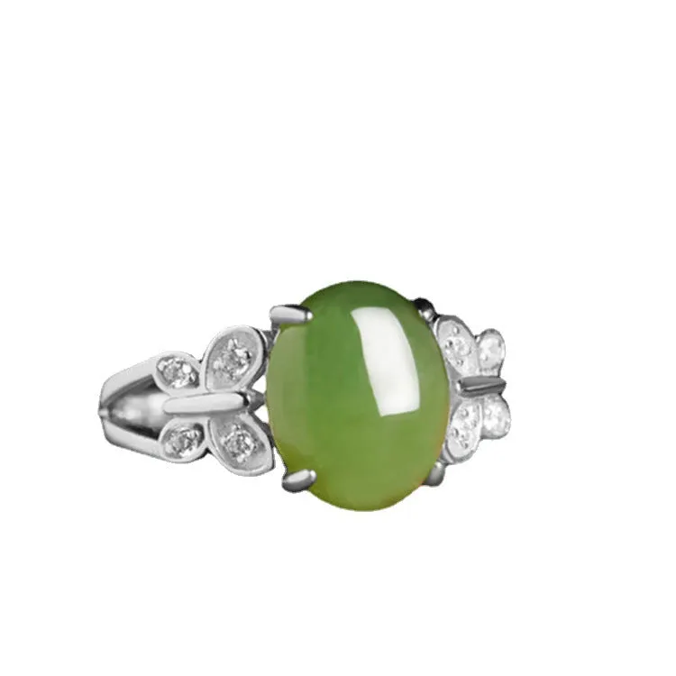 Natural Jade Ring Nephrite Silver Zircon Adjustable Ring ZNRG149