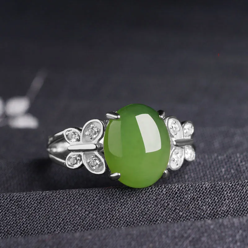 Natural Jade Ring Nephrite Silver Zircon Adjustable Ring ZNRG149