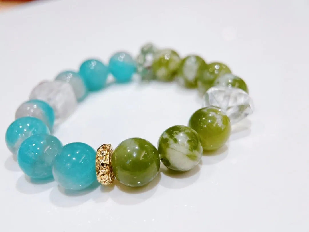Natural Quality Amazonyte   Serpentine Jade   Clear Quartz | Original Design Bracelet | Natural Crystal Bracelet | Energy Stone | Best Gifts