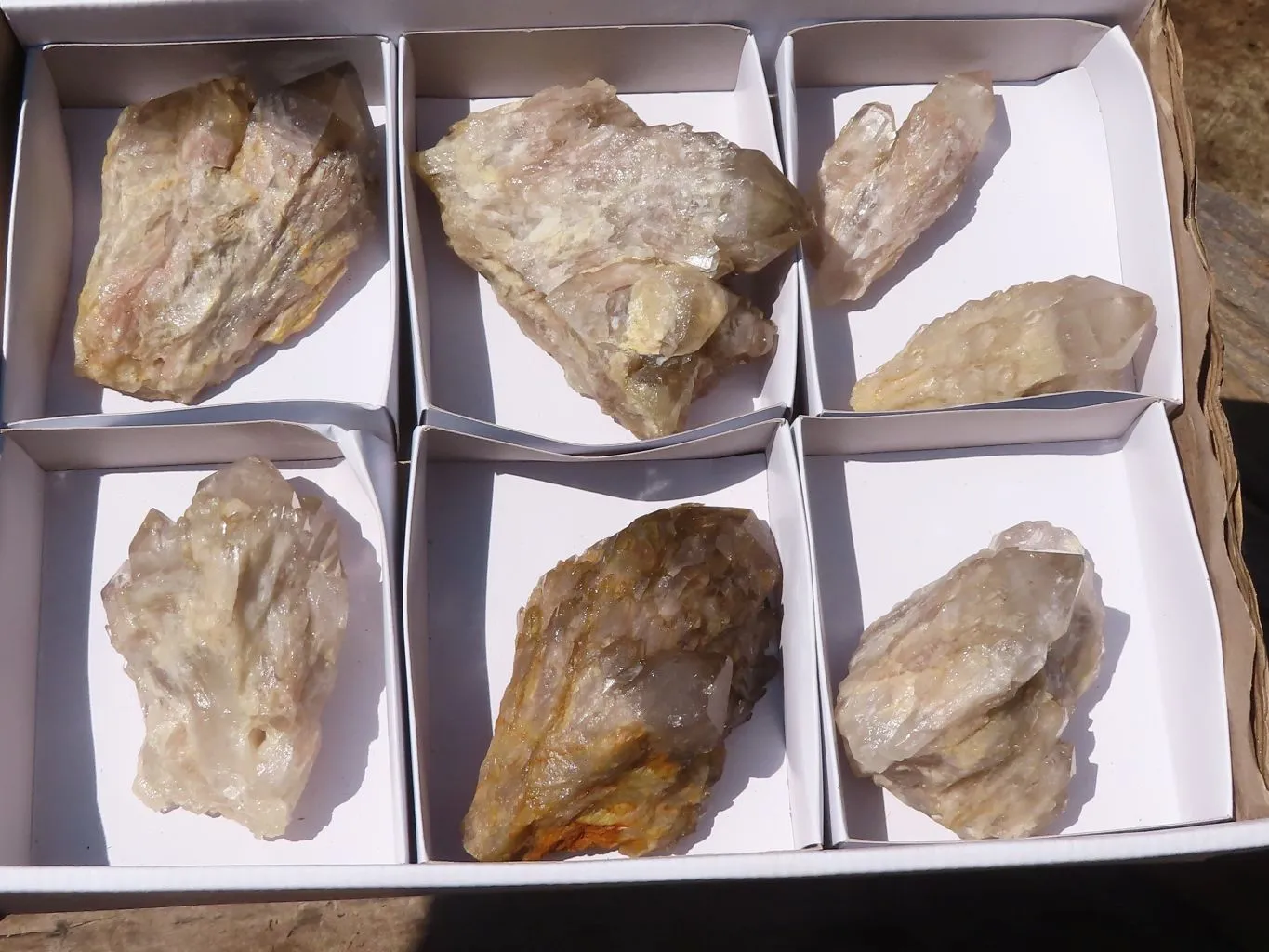 Natural White Phantom Cascading Smokey Quartz Clusters x 7 From Luena, Congo