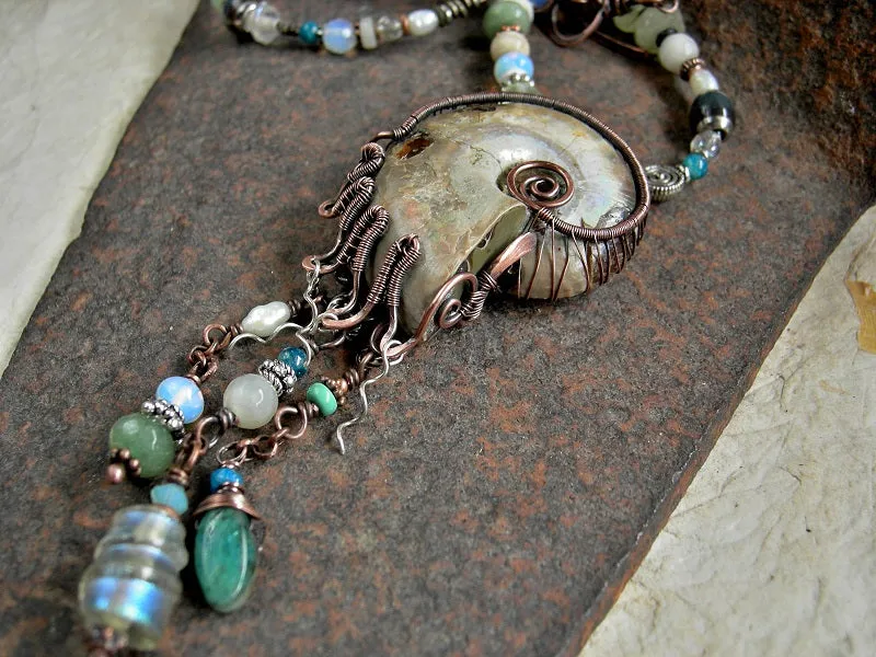 Nautilus Treasure Necklace, Natural Ammonite, Ocean Color Gemstone