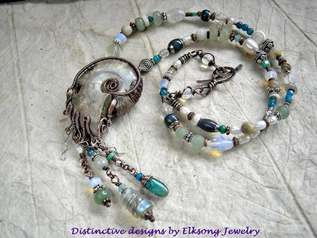 Nautilus Treasure Necklace, Natural Ammonite, Ocean Color Gemstone