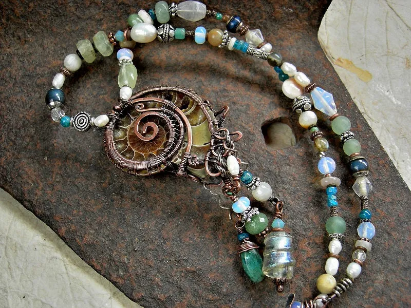 Nautilus Treasure Necklace, Natural Ammonite, Ocean Color Gemstone
