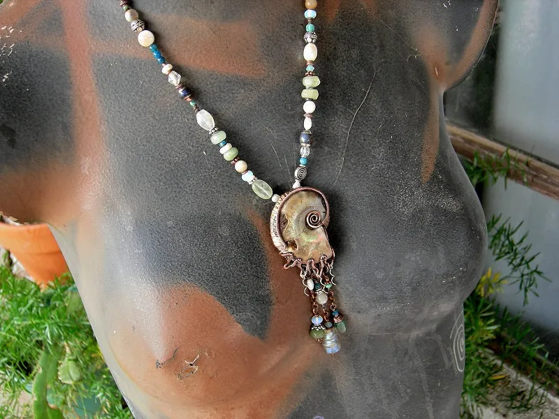 Nautilus Treasure Necklace, Natural Ammonite, Ocean Color Gemstone