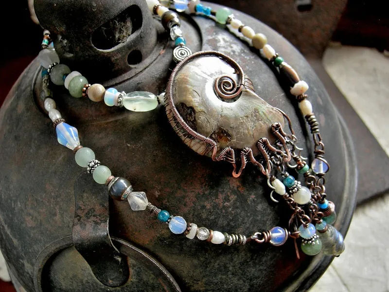 Nautilus Treasure Necklace, Natural Ammonite, Ocean Color Gemstone
