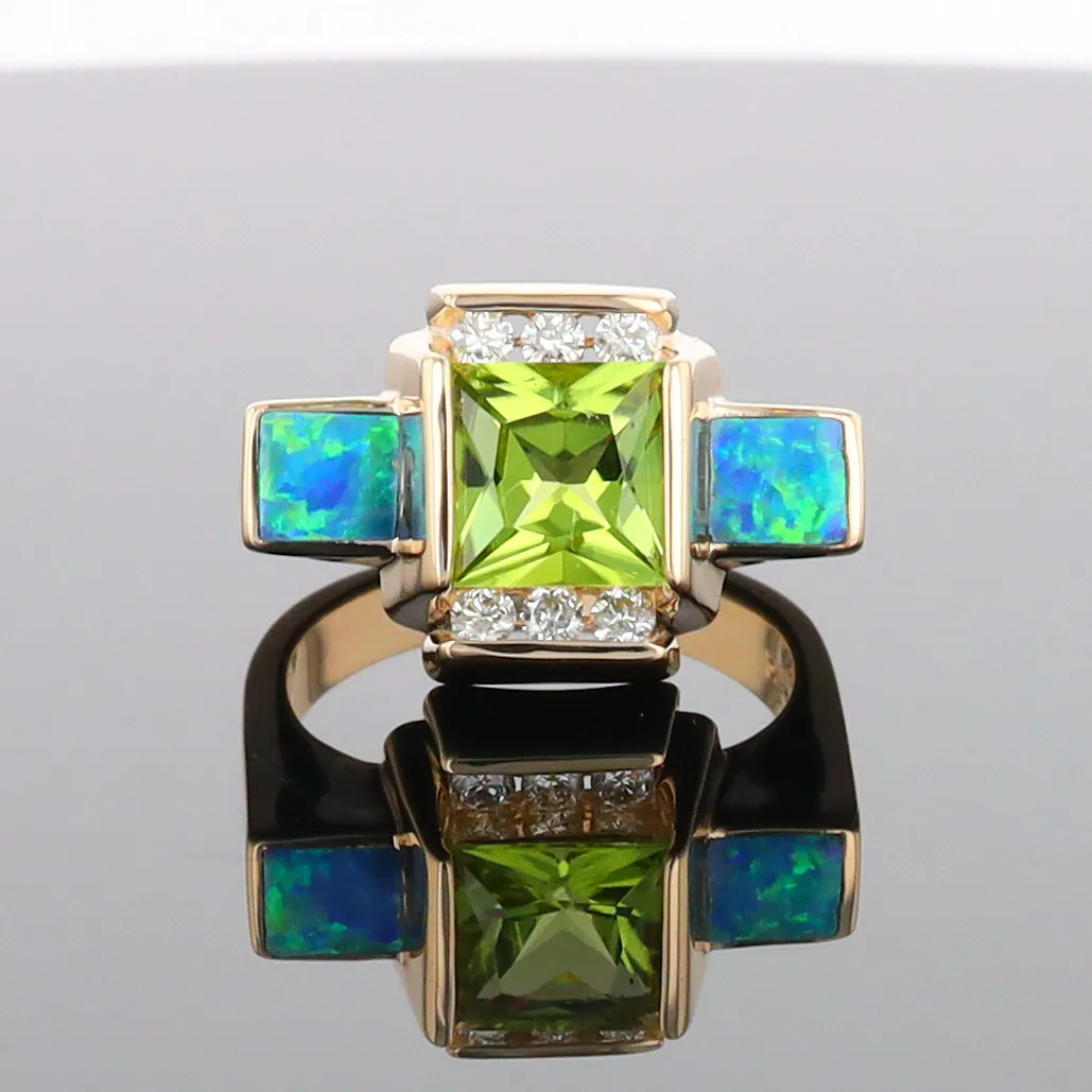 Opal Rings 2 Square Inlaid Peridot with 0.24ctw Diamonds