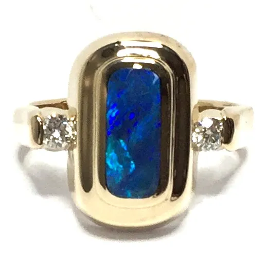 Opal Rings Rectangle Inlaid Center with .16ctw Round Diamonds