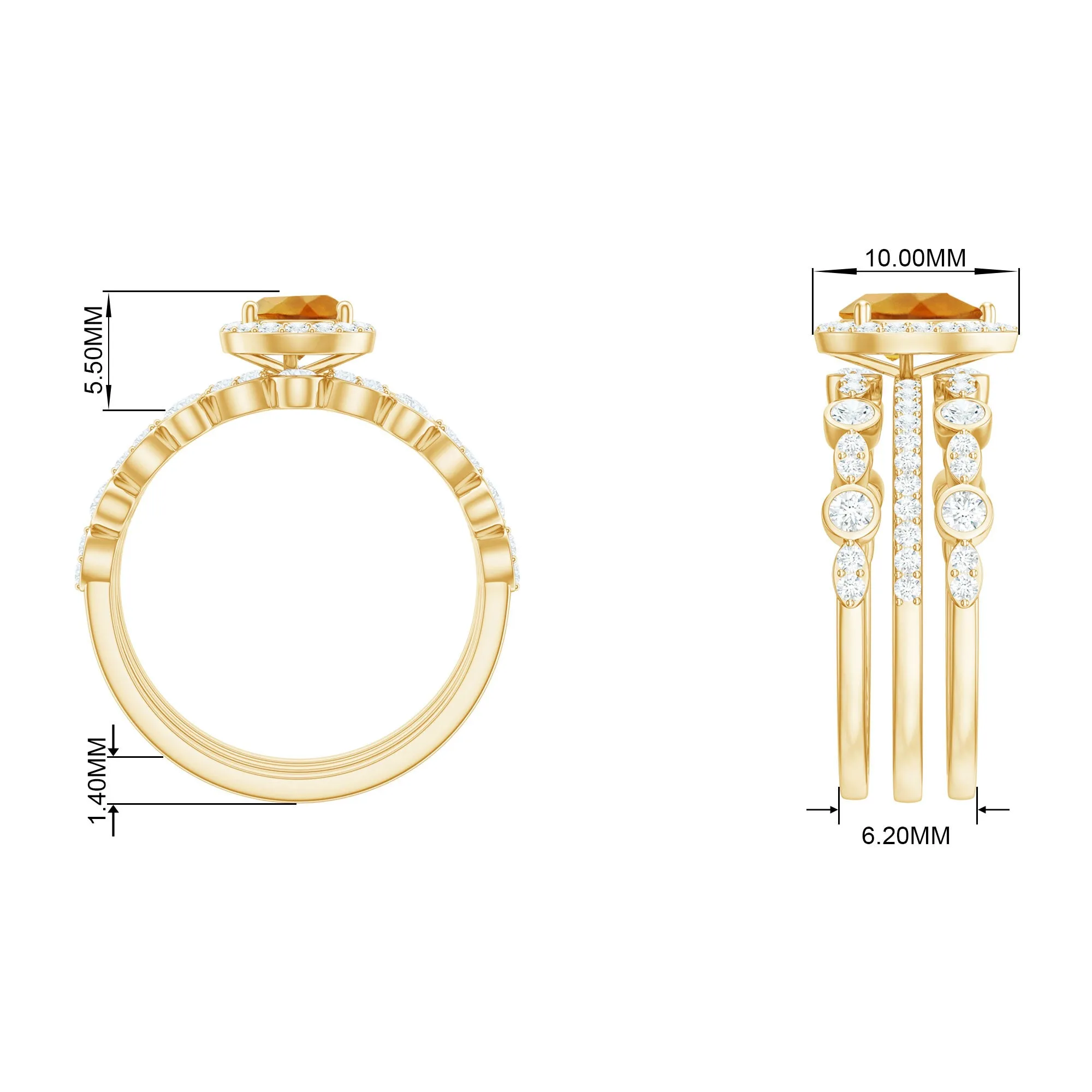 Pear Cut Citrine Bridal Trio Ring Set with Moissanite Band