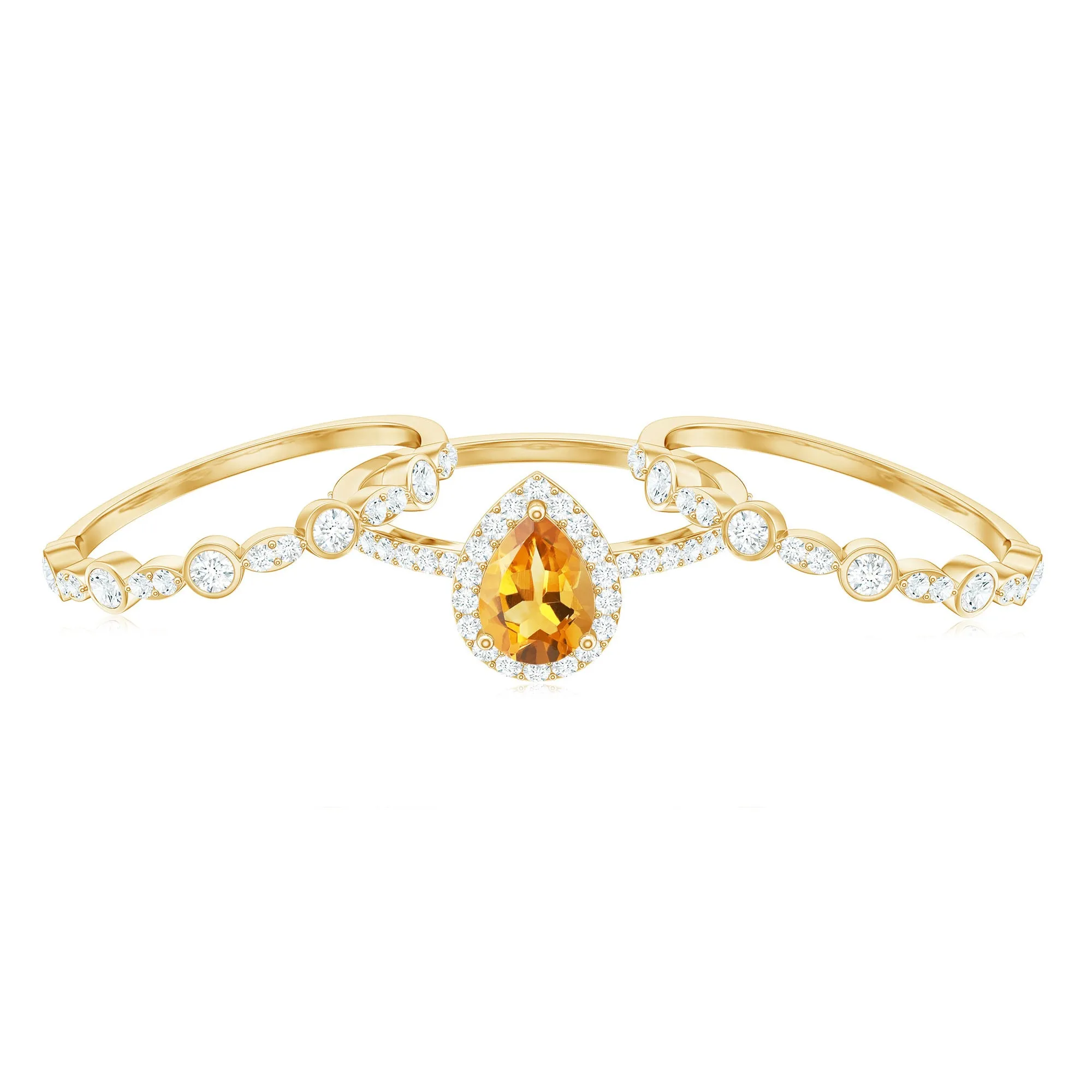Pear Cut Citrine Bridal Trio Ring Set with Moissanite Band