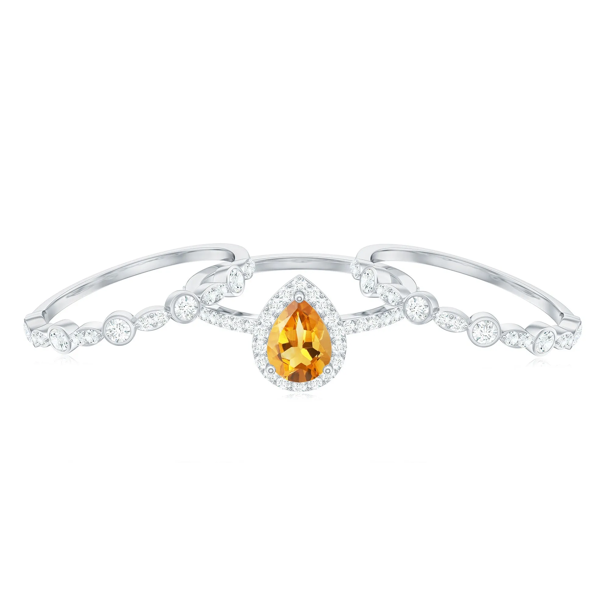 Pear Cut Citrine Bridal Trio Ring Set with Moissanite Band