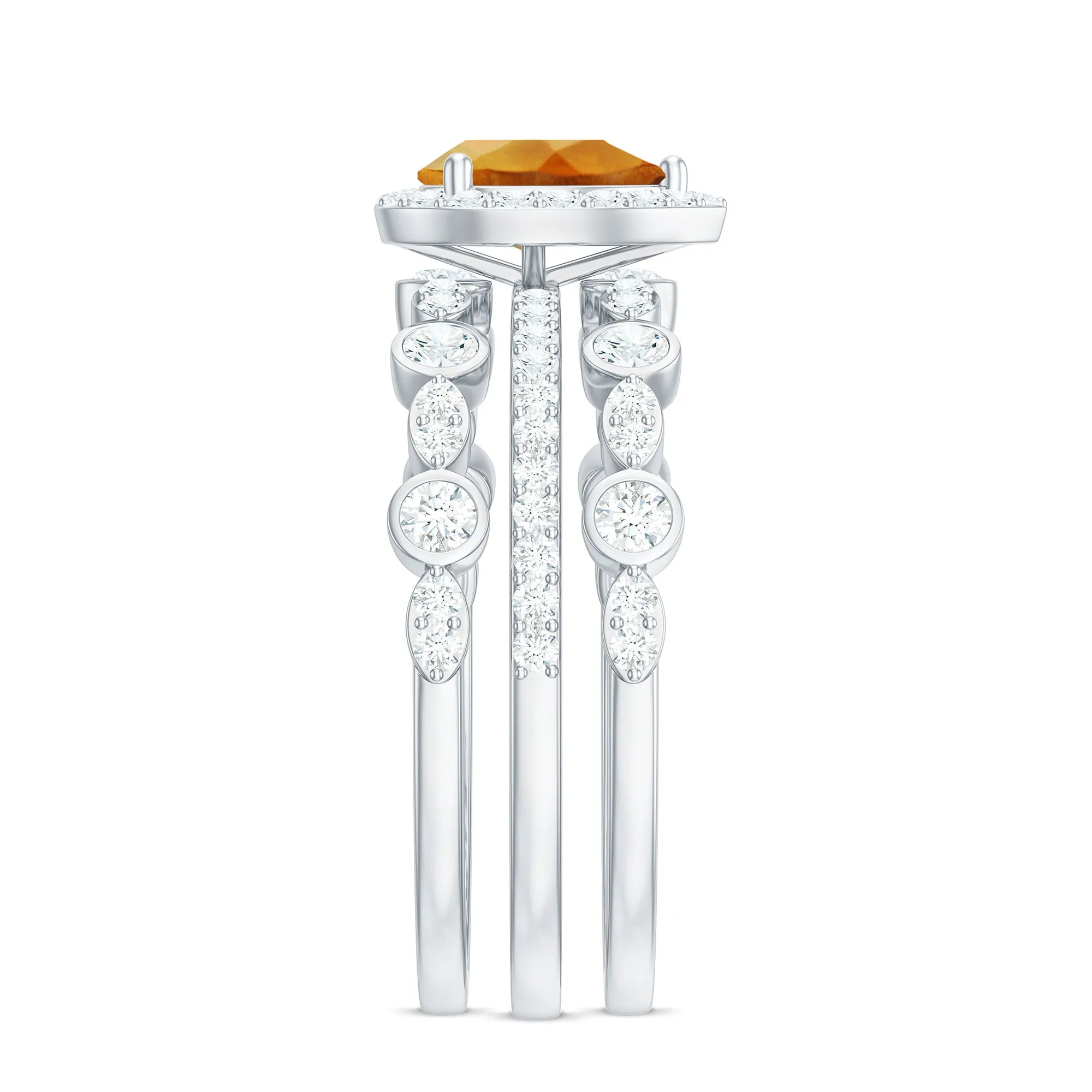 Pear Cut Citrine Bridal Trio Ring Set with Moissanite Band