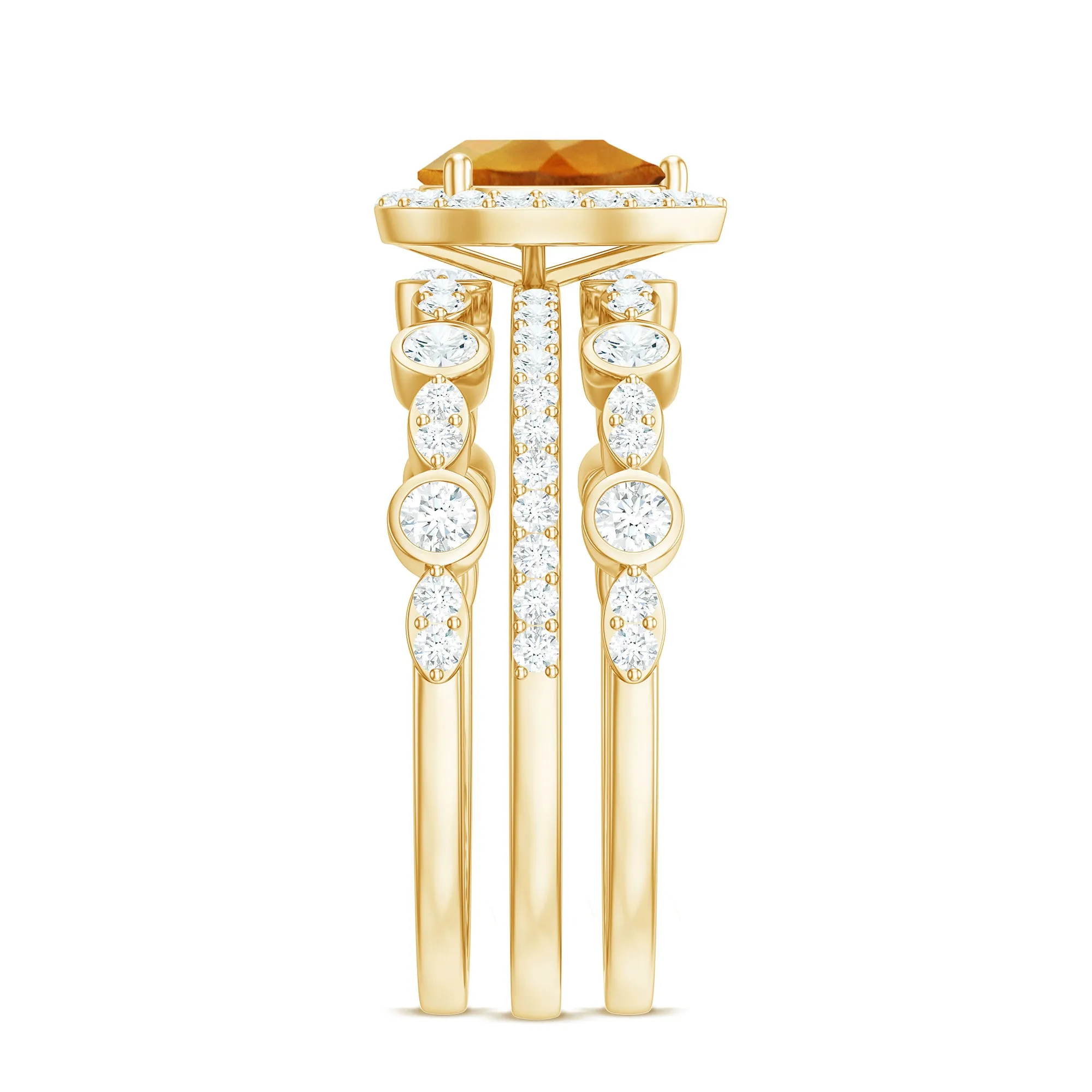 Pear Cut Citrine Bridal Trio Ring Set with Moissanite Band