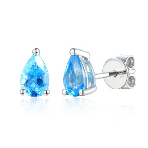 Pear Shaped Blue Topaz Stud Earrings - White Gold