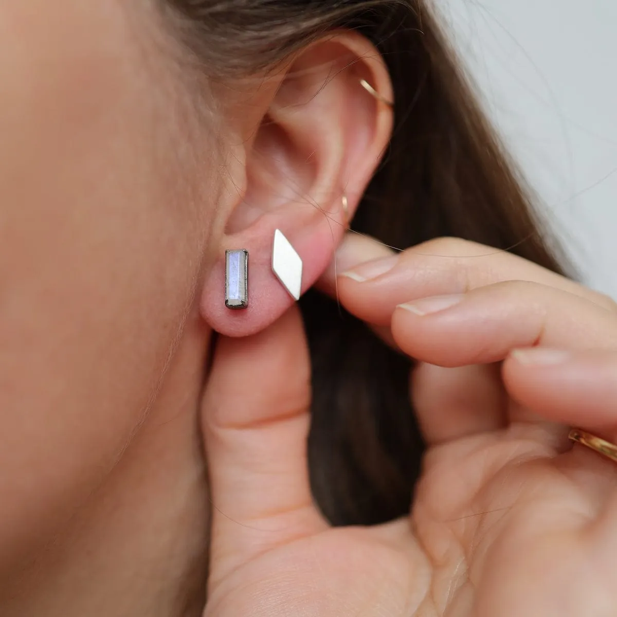 Rainbow Moonstone Faceted Baguette Stud Earrings