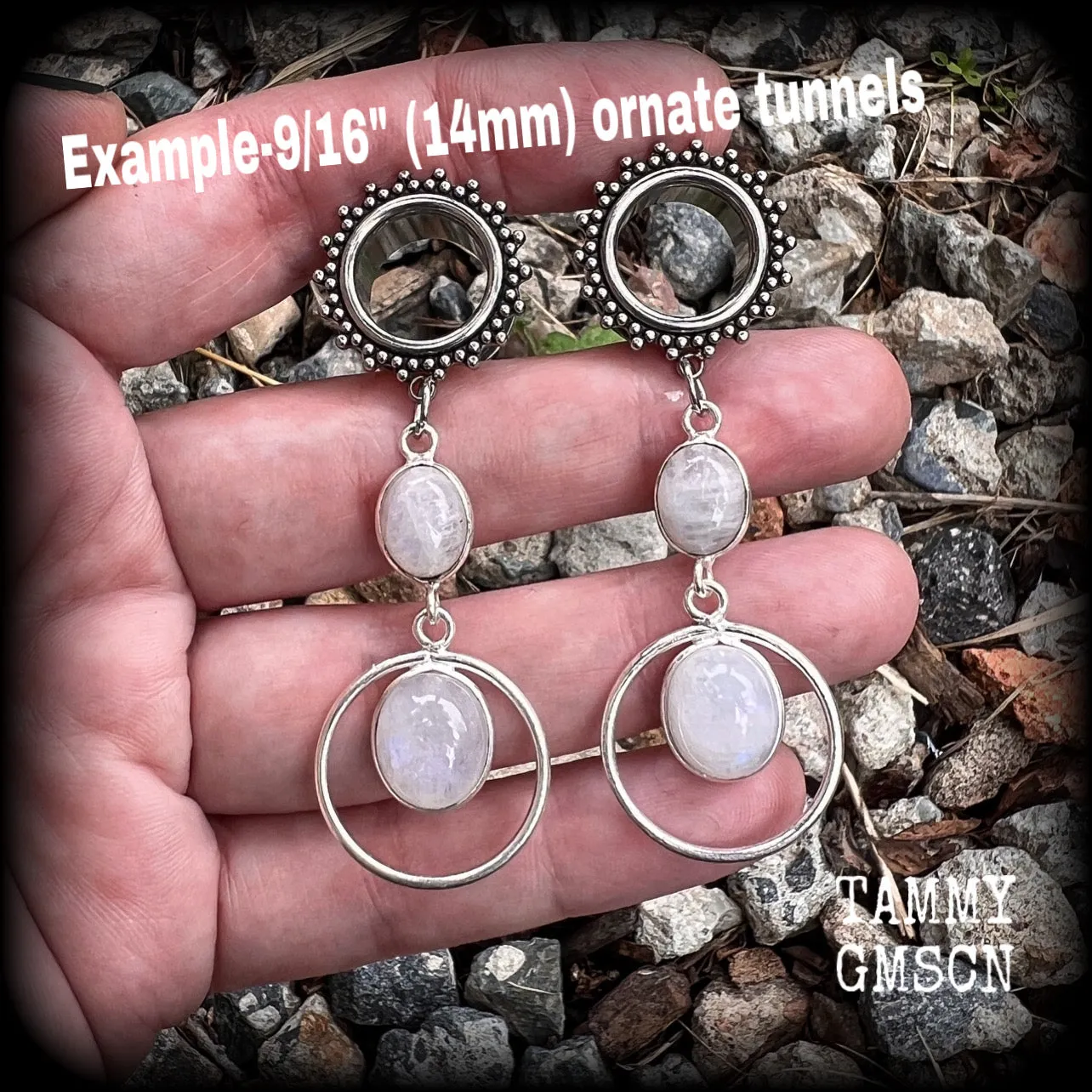 Rainbow moonstone tunnel dangles-Gemstone tunnels