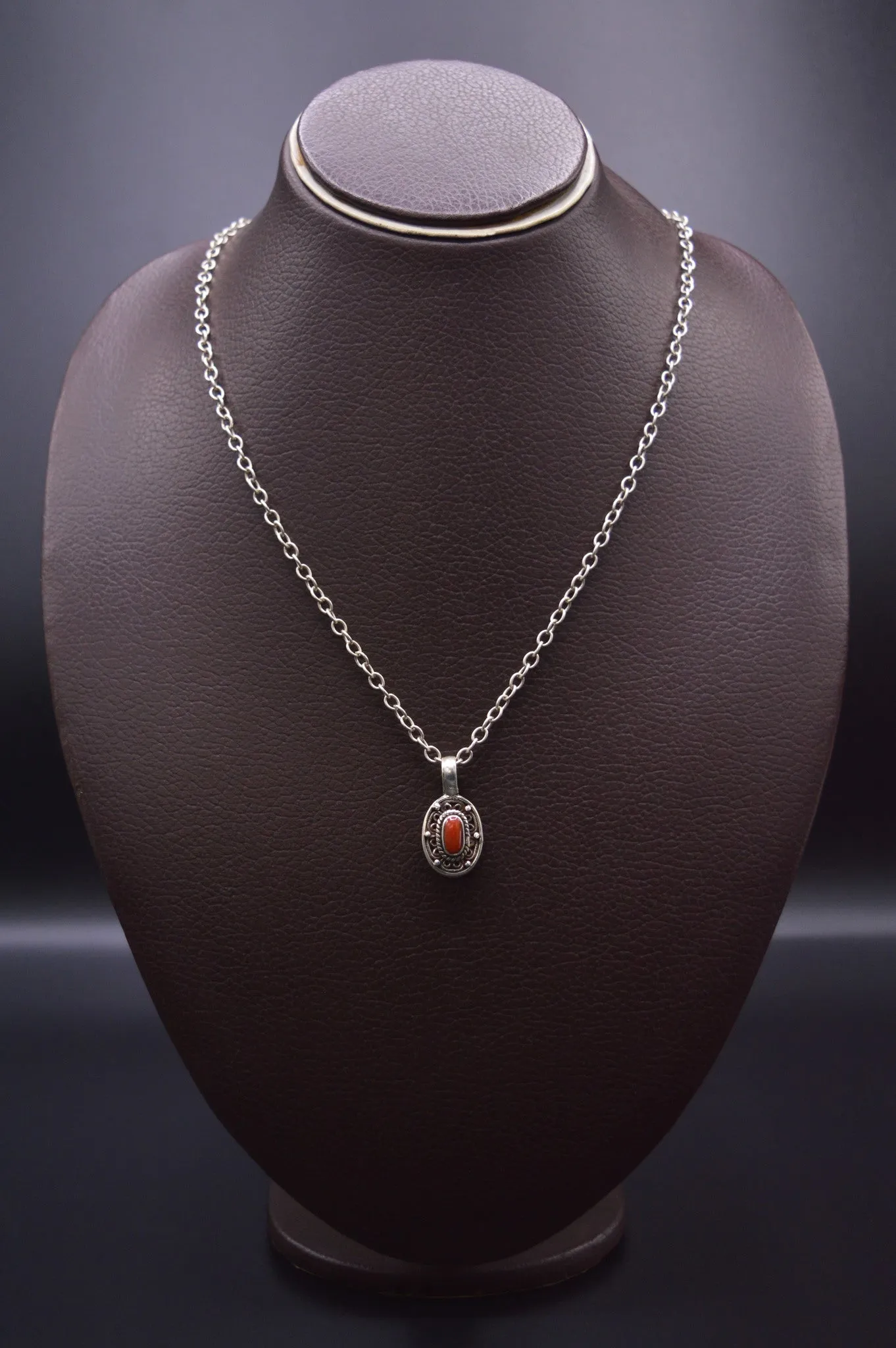 Red Coral Stone Silver Oval Pendant Necklace For Women