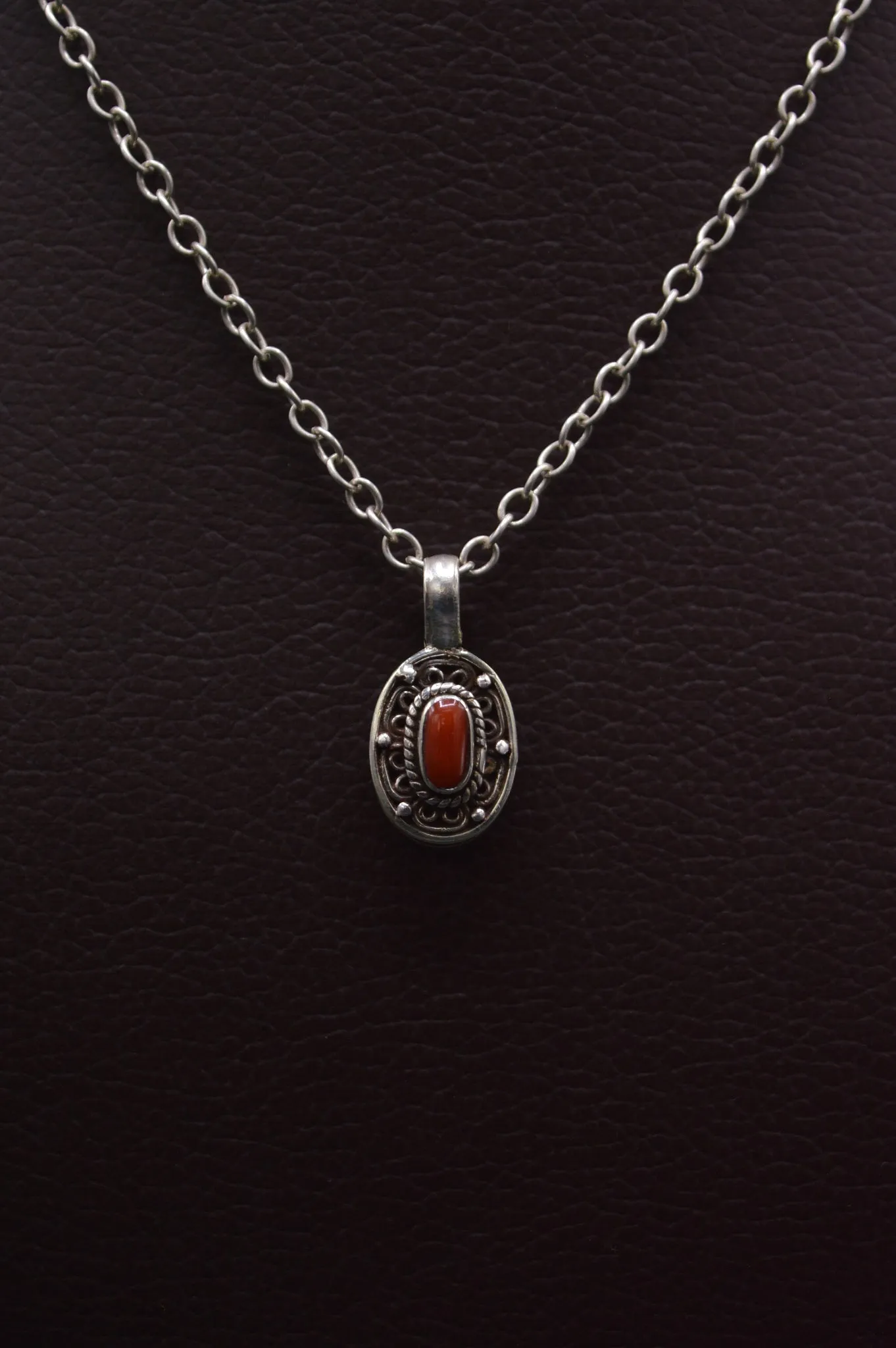 Red Coral Stone Silver Oval Pendant Necklace For Women