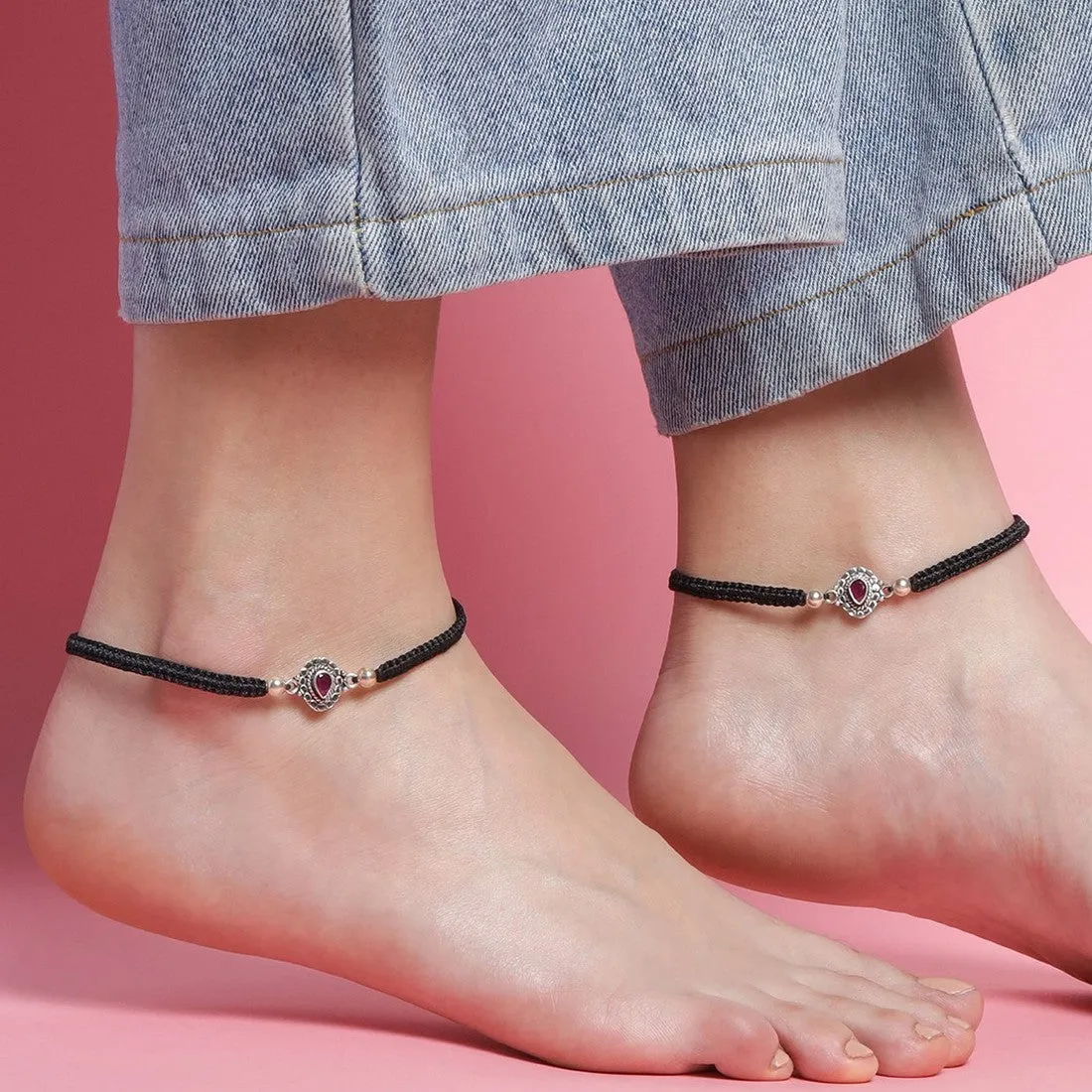 Red Stone Rhodium Plated CZ 925 Sterling Silver Thread Anklet