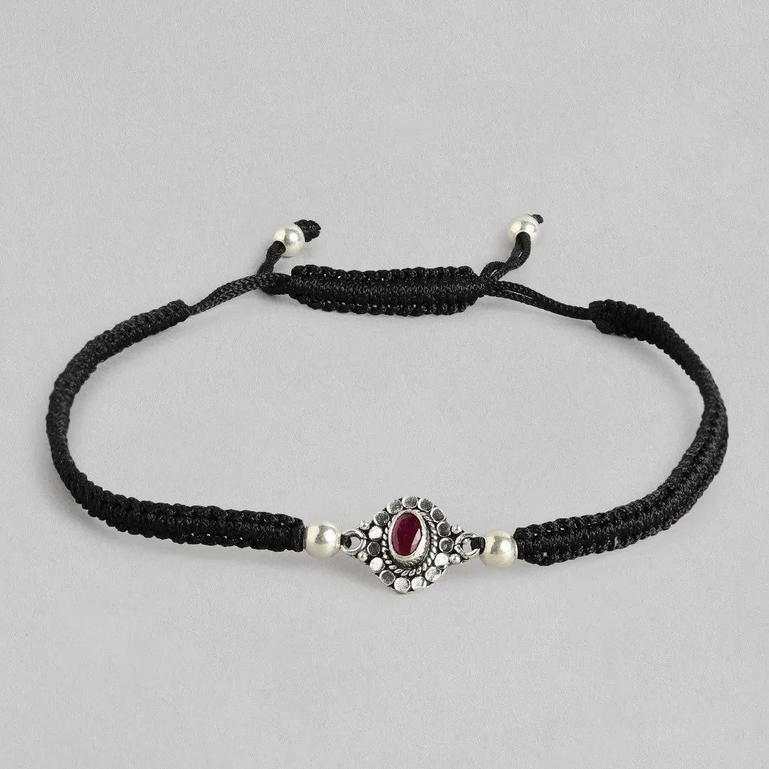 Red Stone Rhodium Plated CZ 925 Sterling Silver Thread Anklet
